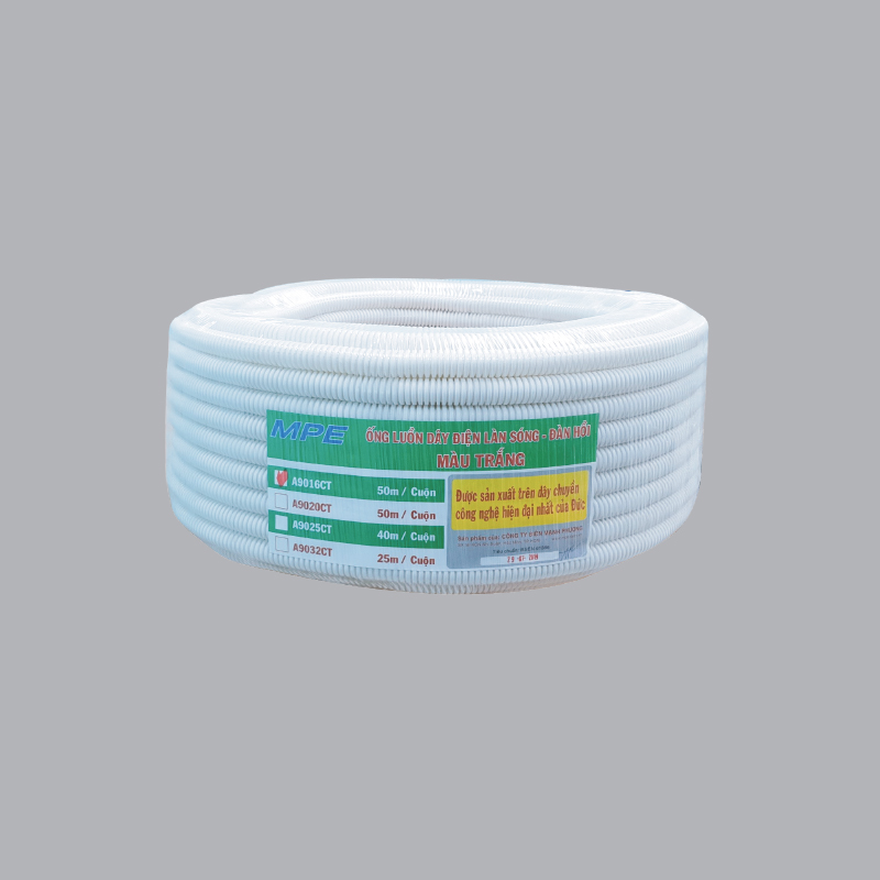 Ống ruột gà đàn hồi PVC MPE A9020 CT, màu trắng, đường kính 20mm, 50m/cuộn